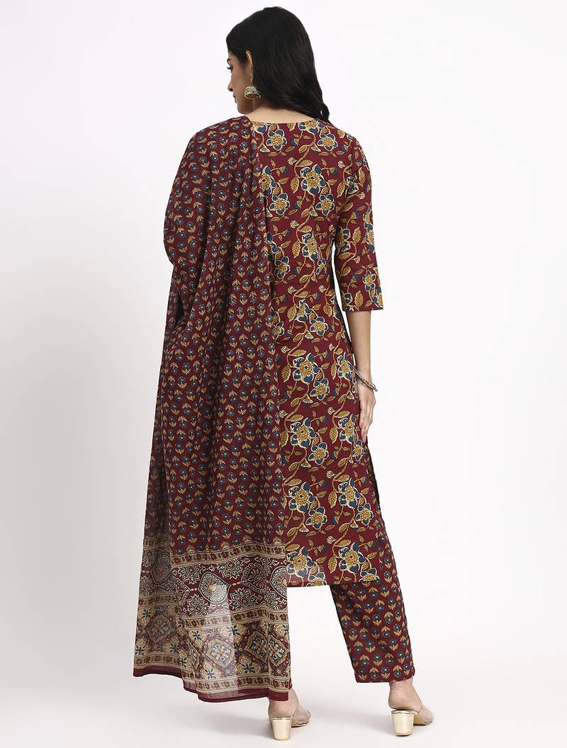 burgundy cotton straight kurta pant dupatta set