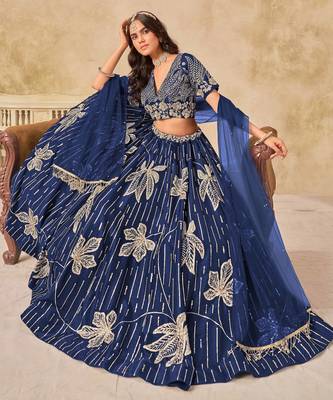Navy Blue Art Silk Heavy Thread Embroidery with Sequins Work Lehenga Choli 5