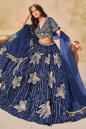 Navy Blue Art Silk Heavy Thread Embroidery with Sequins Work Lehenga Choli
