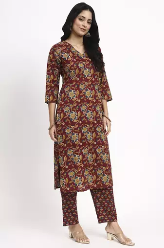 burgundy cotton straight kurta pant dupatta set