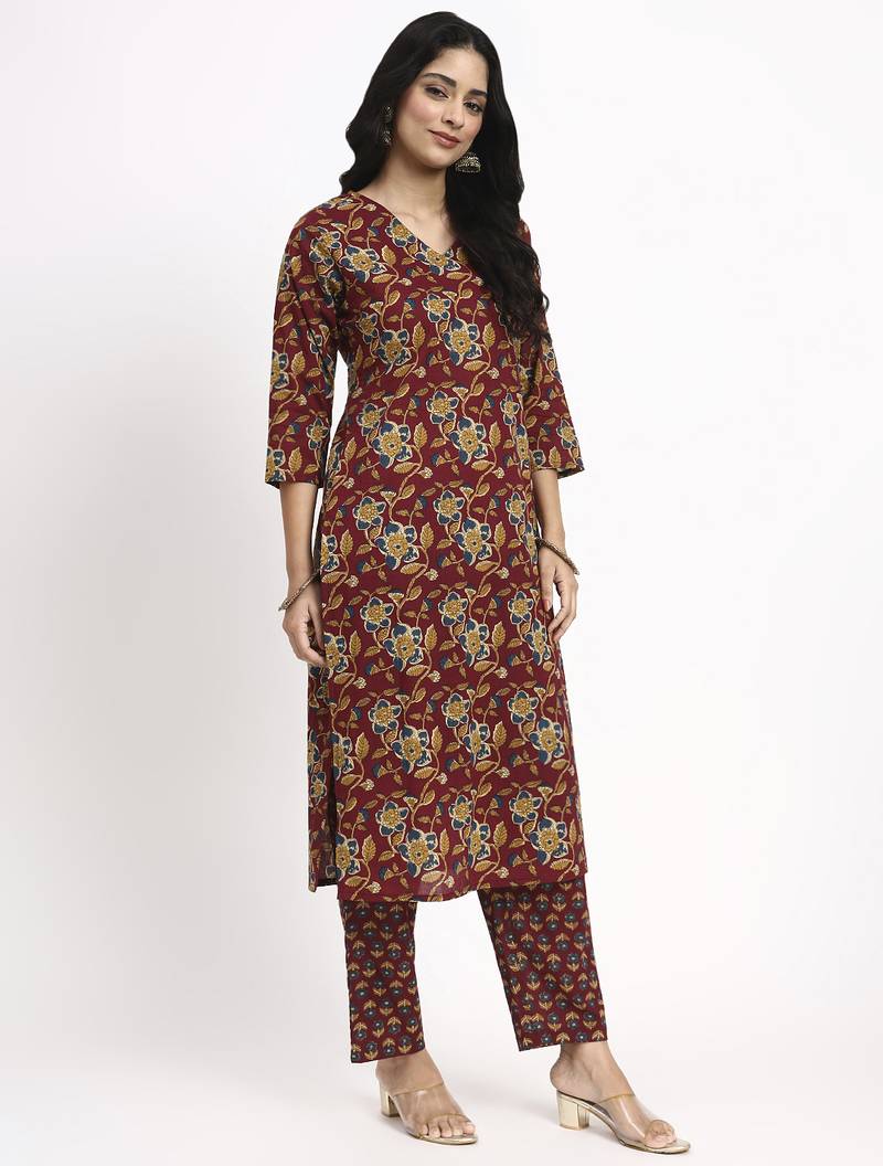 burgundy cotton straight kurta pant dupatta set