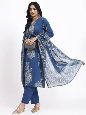 blue cotton straight kurta pant dupatta set 1