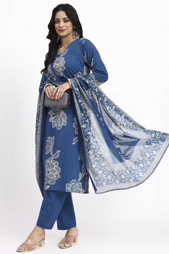 blue cotton straight kurta pant dupatta set