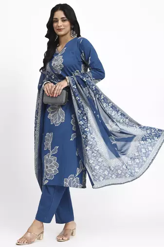 Yufta blue cotton straight kurta pant dupatta set