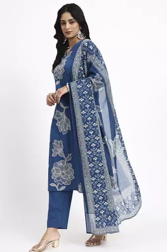 blue cotton straight kurta pant dupatta set