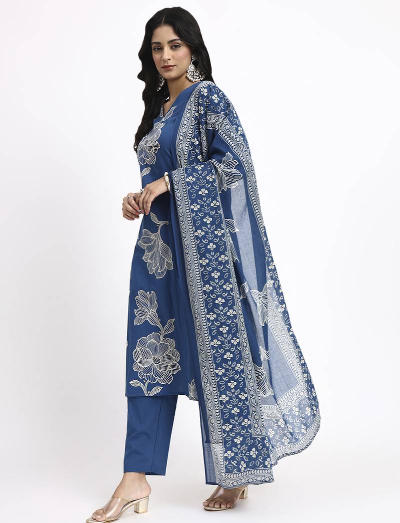 blue cotton straight kurta pant dupatta set