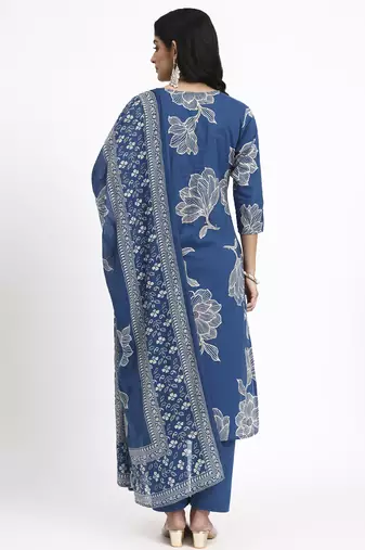 blue cotton straight kurta pant dupatta set