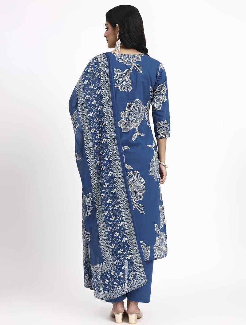 blue cotton straight kurta pant dupatta set