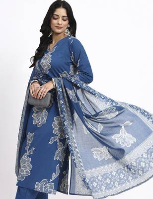 blue cotton straight kurta pant dupatta set 5