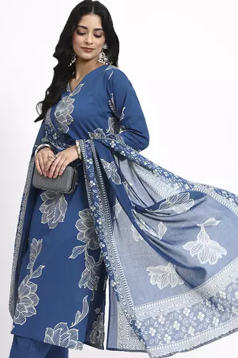 blue cotton straight kurta pant dupatta set