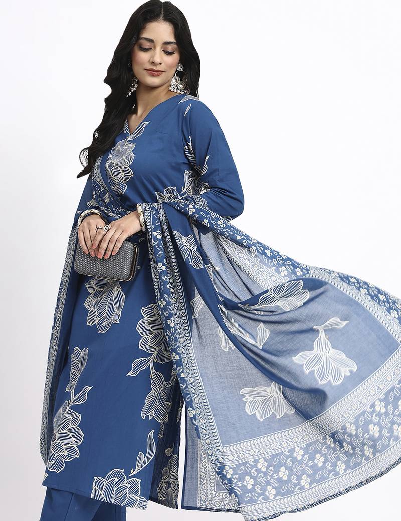 blue cotton straight kurta pant dupatta set
