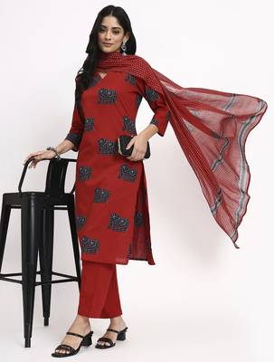 maroon cotton ethnic motifs straight kurta pant dupatta set 1
