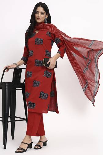 maroon cotton ethnic motifs straight kurta pant dupatta set