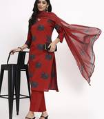 maroon cotton ethnic motifs straight kurta pant dupatta set