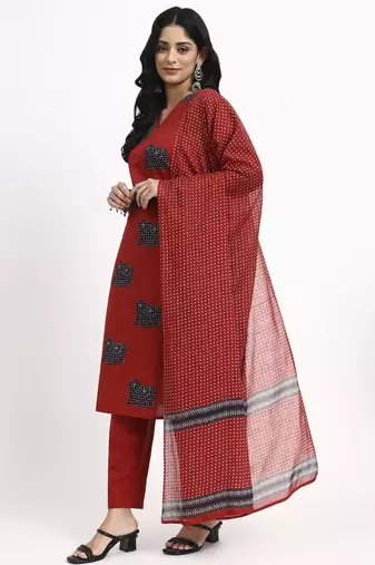 maroon cotton ethnic motifs straight kurta pant dupatta set