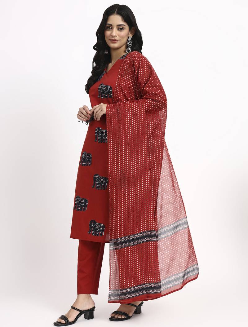 maroon cotton ethnic motifs straight kurta pant dupatta set