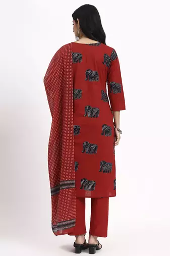 maroon cotton ethnic motifs straight kurta pant dupatta set