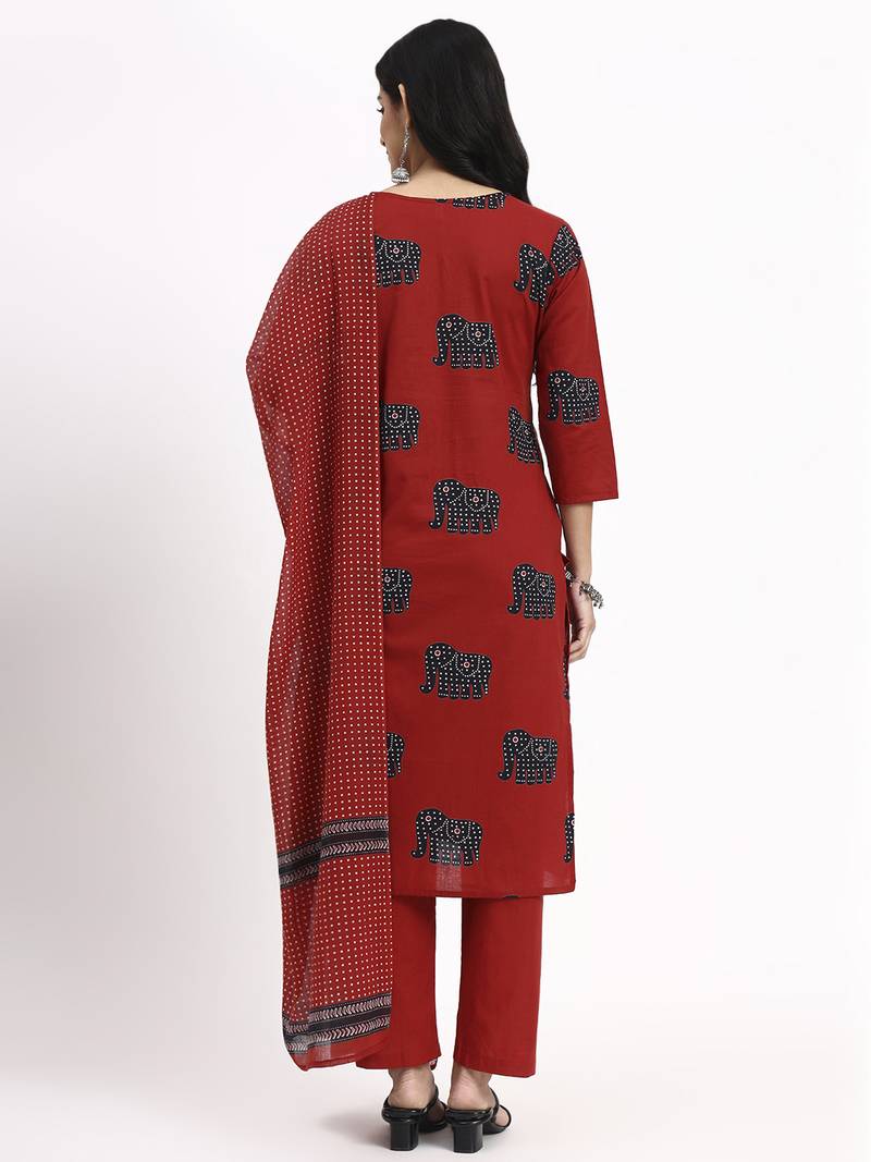 maroon cotton ethnic motifs straight kurta pant dupatta set