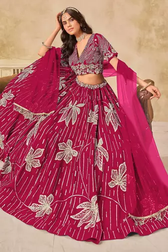 Rani Pink Art Silk Heavy Thread Embroidery with Sequins Work Lehenga Choli