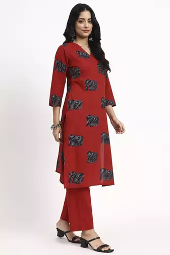 maroon cotton ethnic motifs straight kurta pant dupatta set