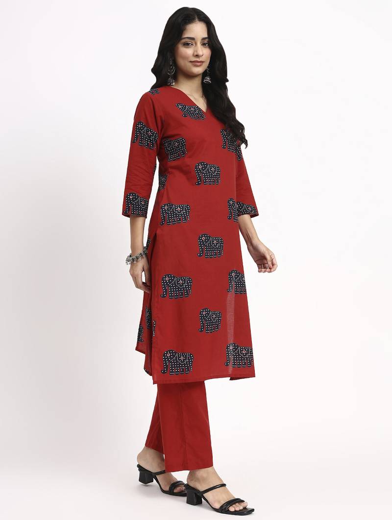 maroon cotton ethnic motifs straight kurta pant dupatta set