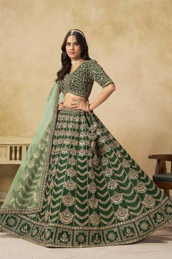 Green Art Silk Heavy Thread Embroidery with Sequins Work Lehenga Choli