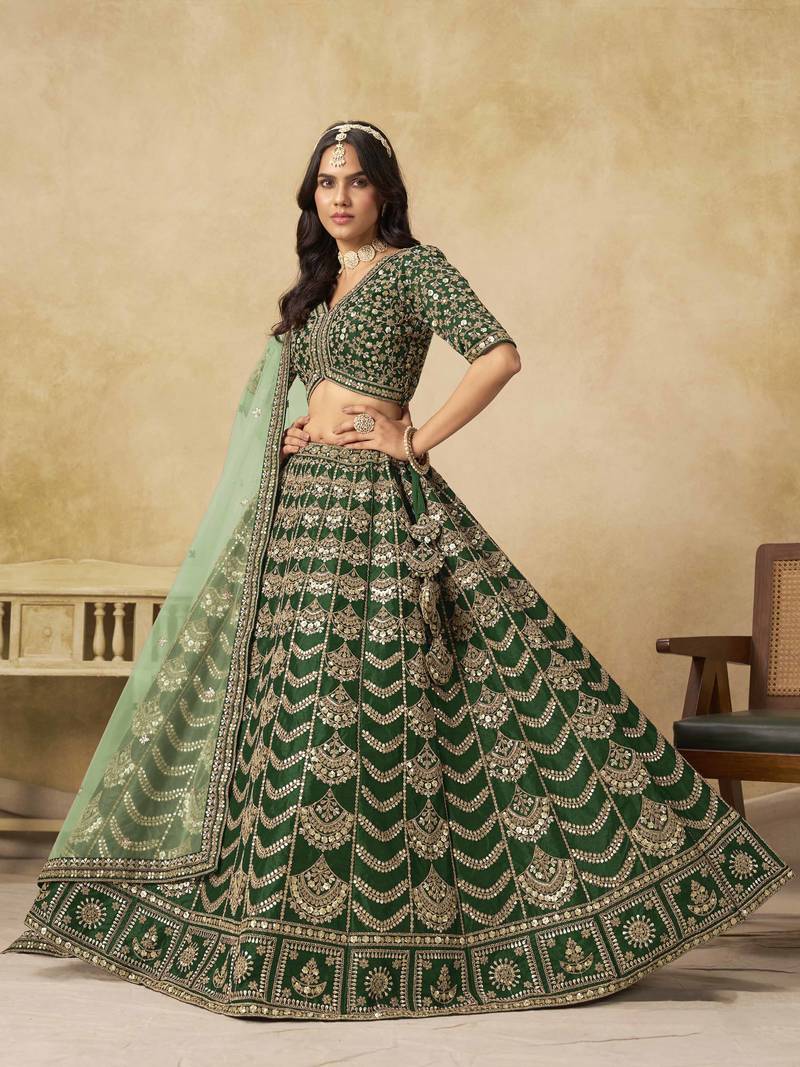 Green Art Silk Heavy Thread Embroidery with Sequins Work Lehenga Choli