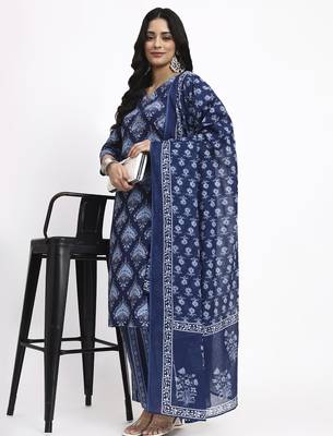 navy blue cotton straight kurta pant dupatta set 1