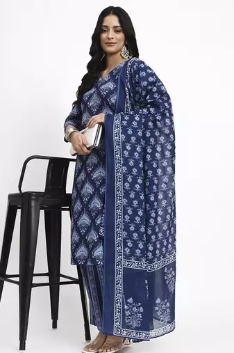 Yufta navy blue cotton straight kurta pant dupatta set