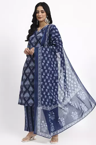 navy blue cotton straight kurta pant dupatta set