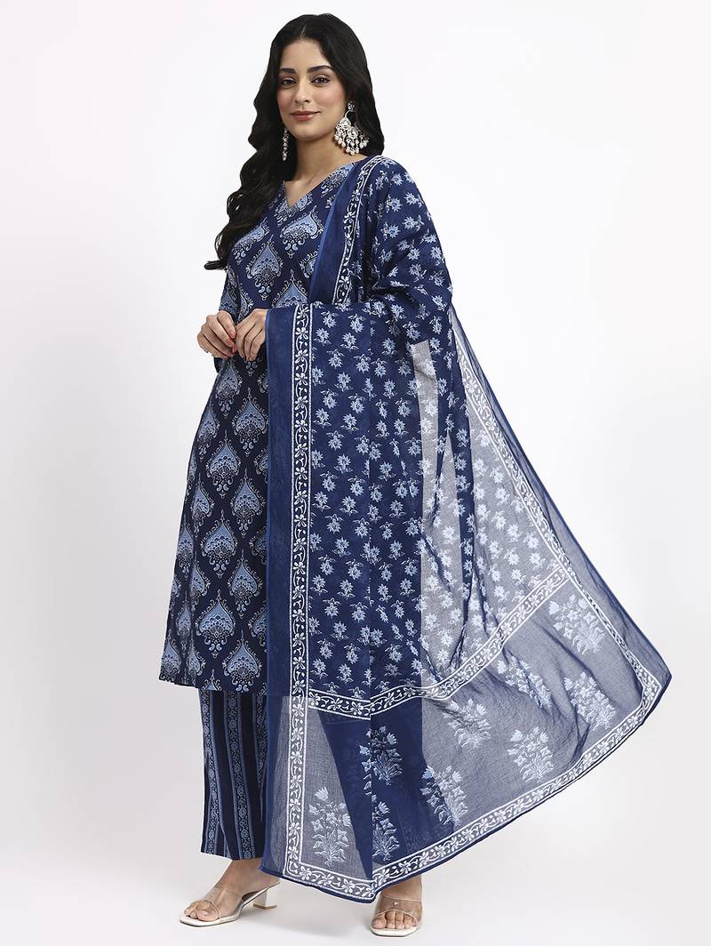 navy blue cotton straight kurta pant dupatta set