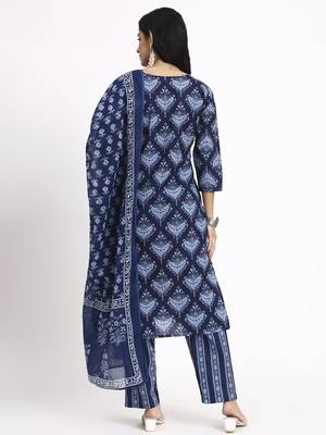 navy blue cotton straight kurta pant dupatta set 3