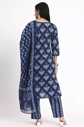navy blue cotton straight kurta pant dupatta set