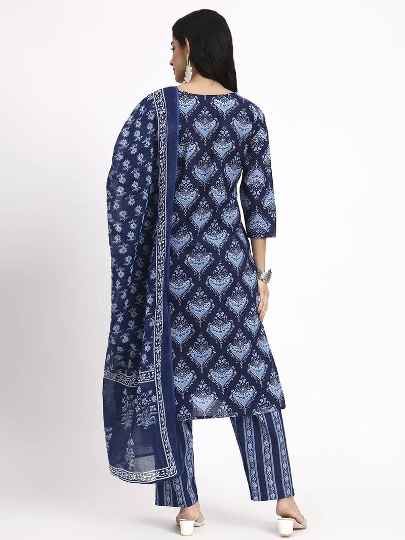 navy blue cotton straight kurta pant dupatta set