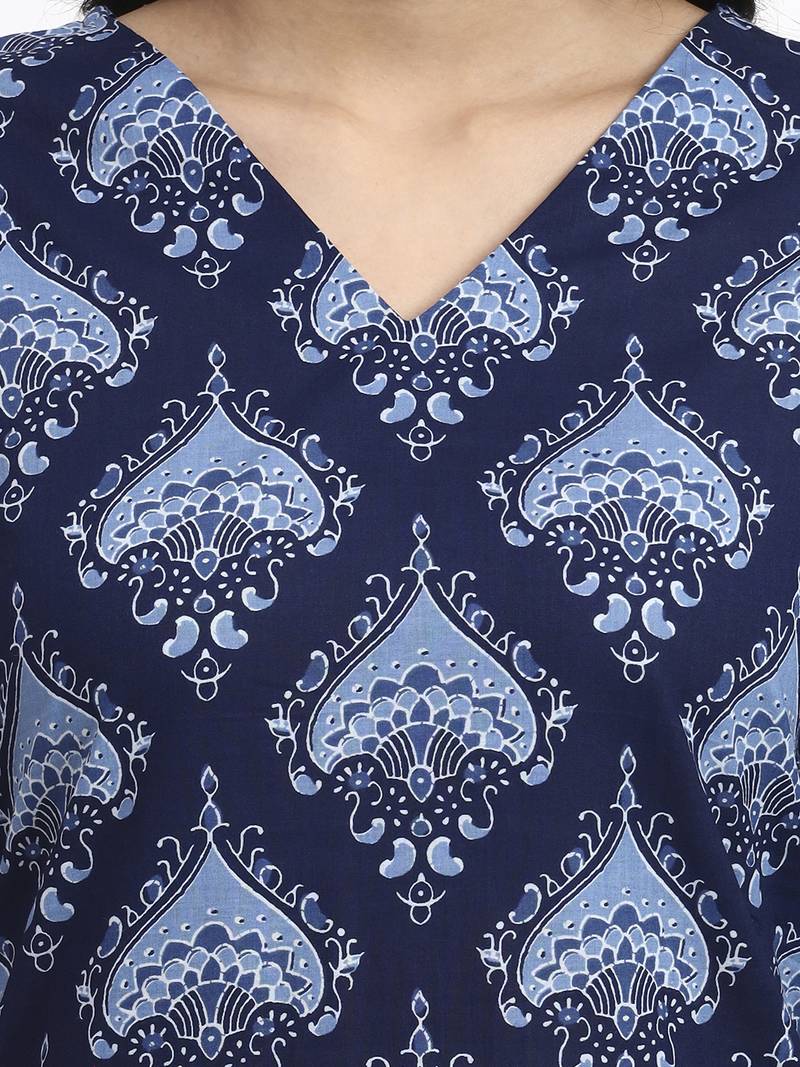 navy blue cotton straight kurta pant dupatta set