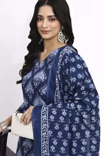 navy blue cotton straight kurta pant dupatta set