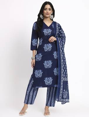 navy blue cotton straight kurta pant dupatta set 1