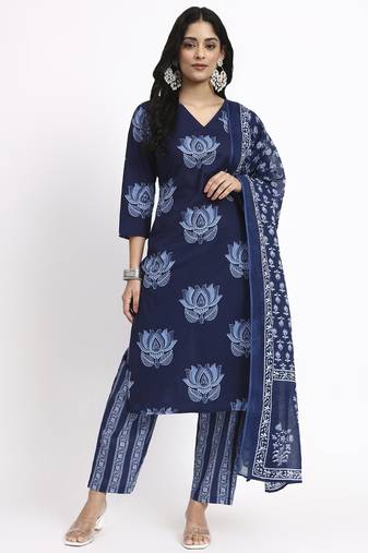 navy blue cotton straight kurta pant dupatta set
