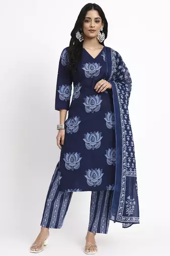Yufta navy blue cotton straight kurta pant dupatta set