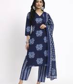 navy blue cotton straight kurta pant dupatta set