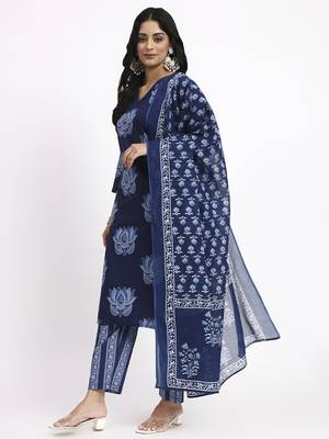 navy blue cotton straight kurta pant dupatta set 2