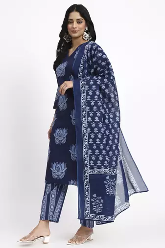 navy blue cotton straight kurta pant dupatta set