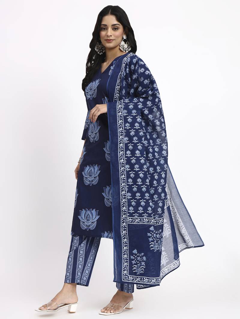 navy blue cotton straight kurta pant dupatta set