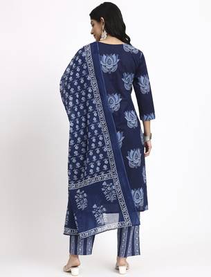 navy blue cotton straight kurta pant dupatta set 3