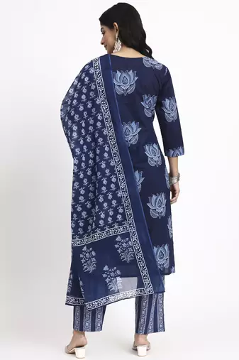 navy blue cotton straight kurta pant dupatta set