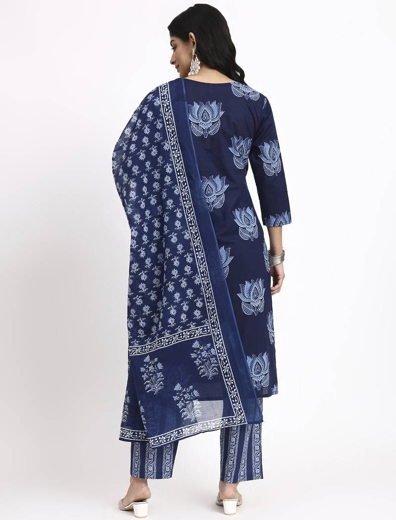 navy blue cotton straight kurta pant dupatta set