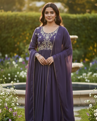 Purple Georgette Beads Embroidery Work Anarkali Kurta Pant with Dupatta For Women