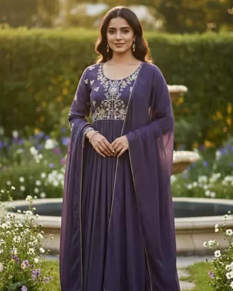 Purple Georgette Beads Embroidery Work Anarkali Kurta Pant with Dupatta For Women