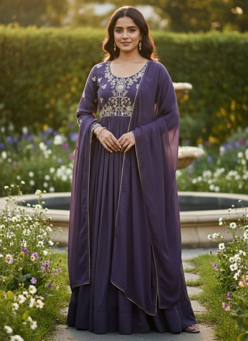 Purple Georgette Beads Embroidery Work Anarkali Kurta Pant with Dupatta For Women