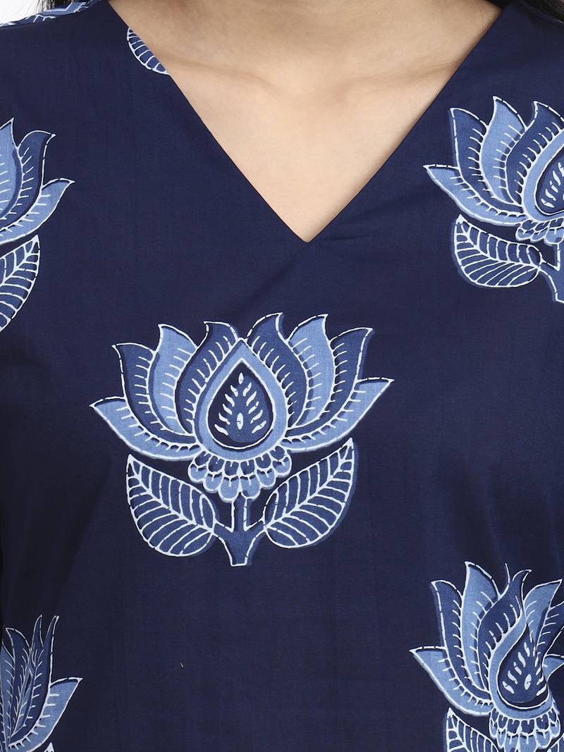 navy blue cotton straight kurta pant dupatta set